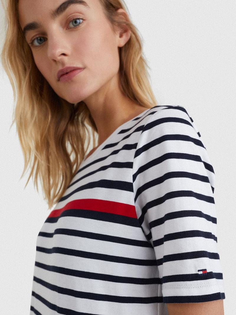 Női Tommy Hilfiger Stripe T-Shirt Dresses Piros Fehér Kék | HU 127HAP